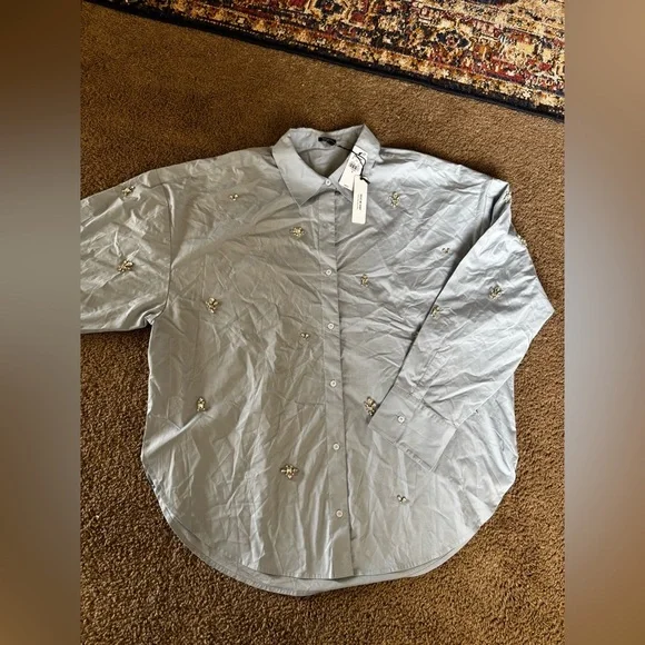 Express Jewel Poplin Blue Top - Picture 6 of 6